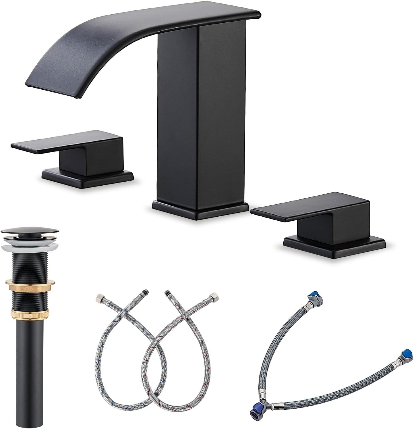 Matte Black Modern Waterfall 3-Piece Bathroom Faucet Set