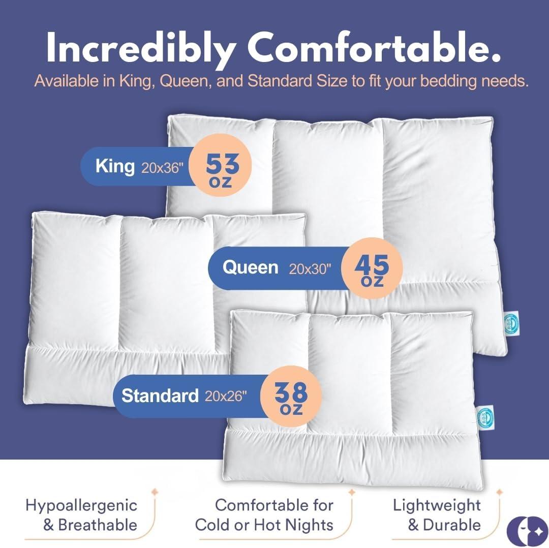 Continental Bedding 3-Chamber Down Pillow - Thin Profile with Partial Pressure Design, 2” Gusset & Sateen Piping, 100% Cotton – Standard, Queen, King