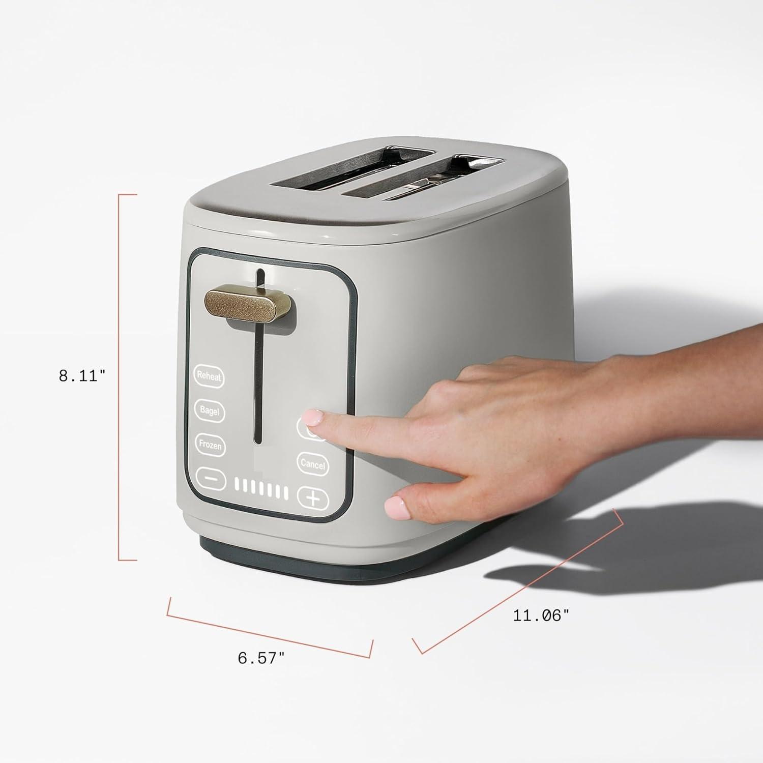 White 2-Slice Toaster with Touch-Activated Display and Gold Accents