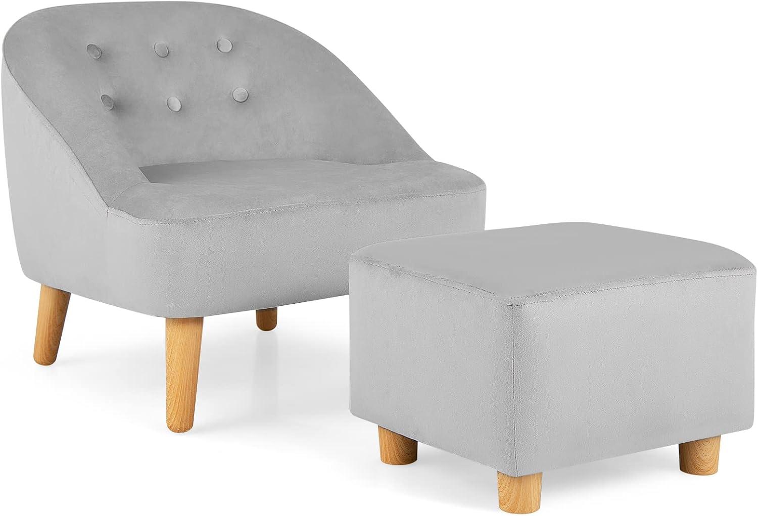 Gray Velvet Kids Barrel Accent Chair with Ottoman