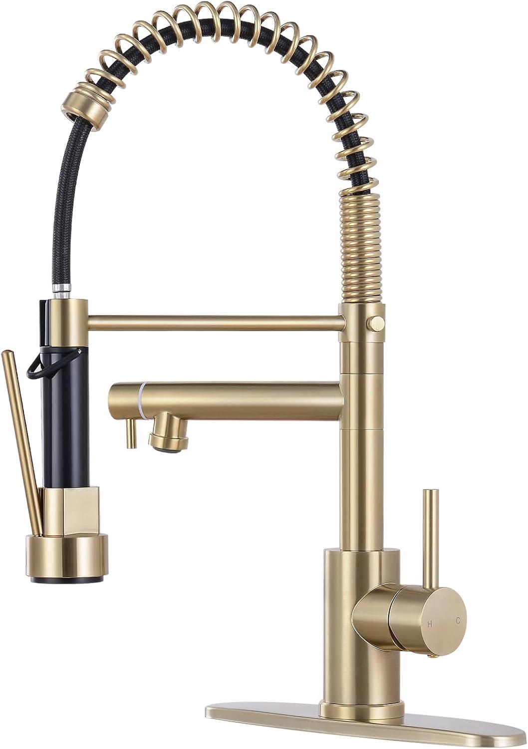 Brushed Gold Brass Kitchen Faucet with Pull Down Sprayer