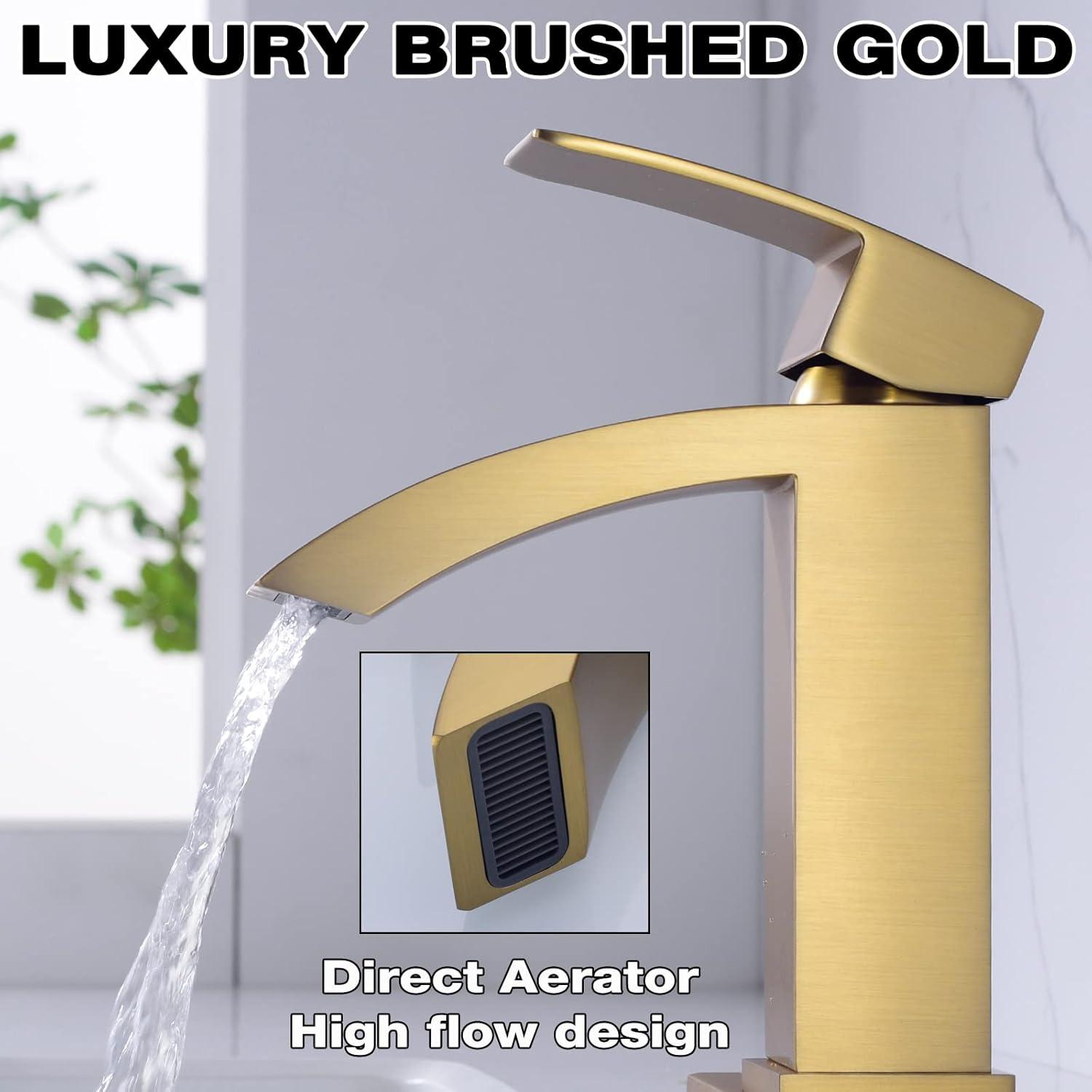 WOWOW Brushed Gold Waterfall Bathroom Faucet  Single Handle Faucet for Bathroom Sink