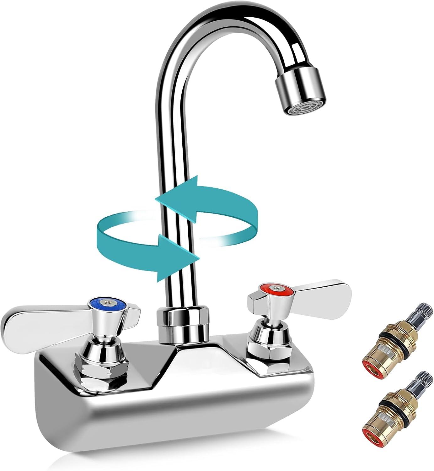 KWODE 4 Inch Center Commercial Hand Sink Faucet with 3-1/2”Gooseneck Spout, Dual Lever Handle Wall Mount Kitchen Sink Faucet, Brass Constructed, Chrome