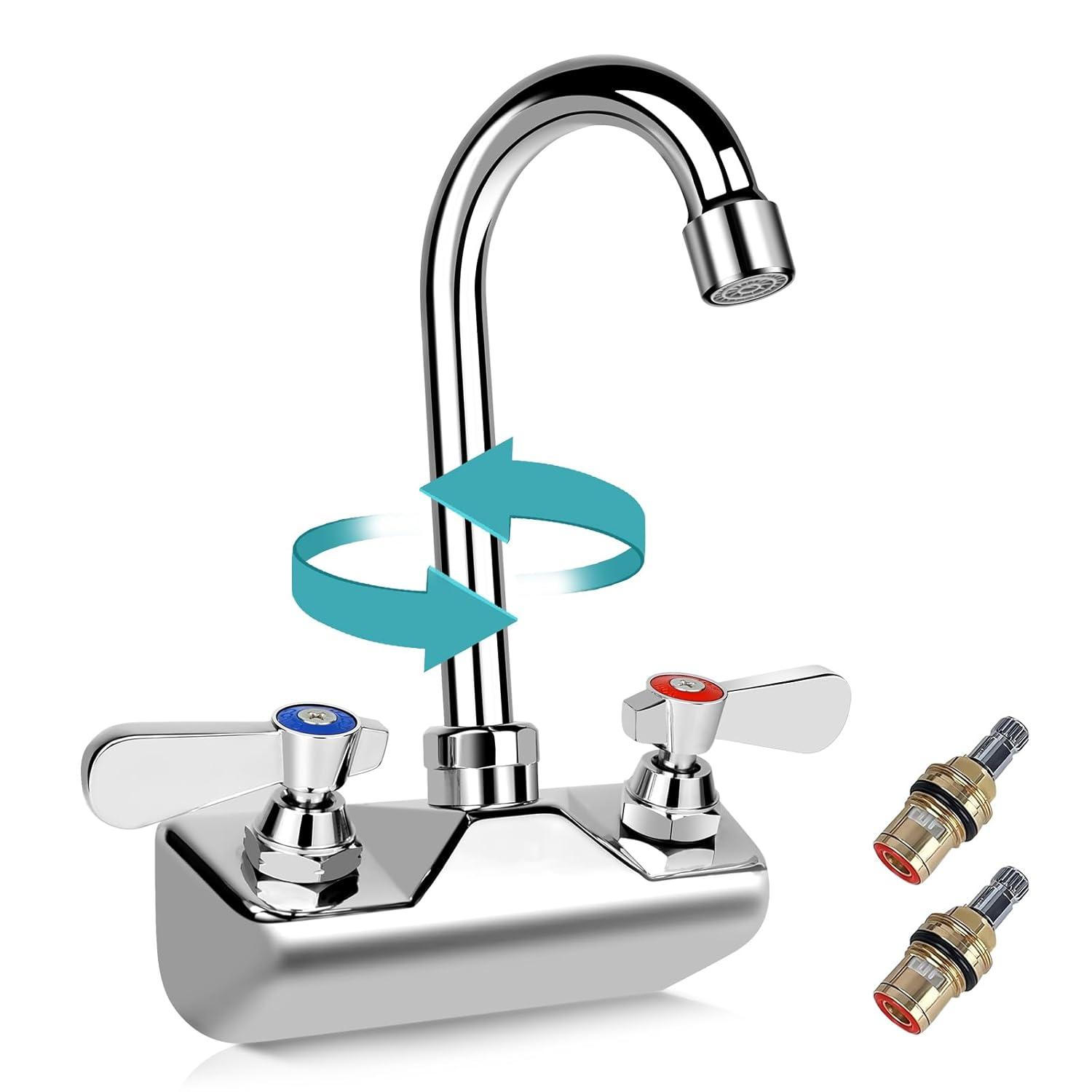 KWODE 4 Inch Center Commercial Hand Sink Faucet with 3-1/2”Gooseneck Spout, Dual Lever Handle Wall Mount Kitchen Sink Faucet, Brass Constructed, Chrome