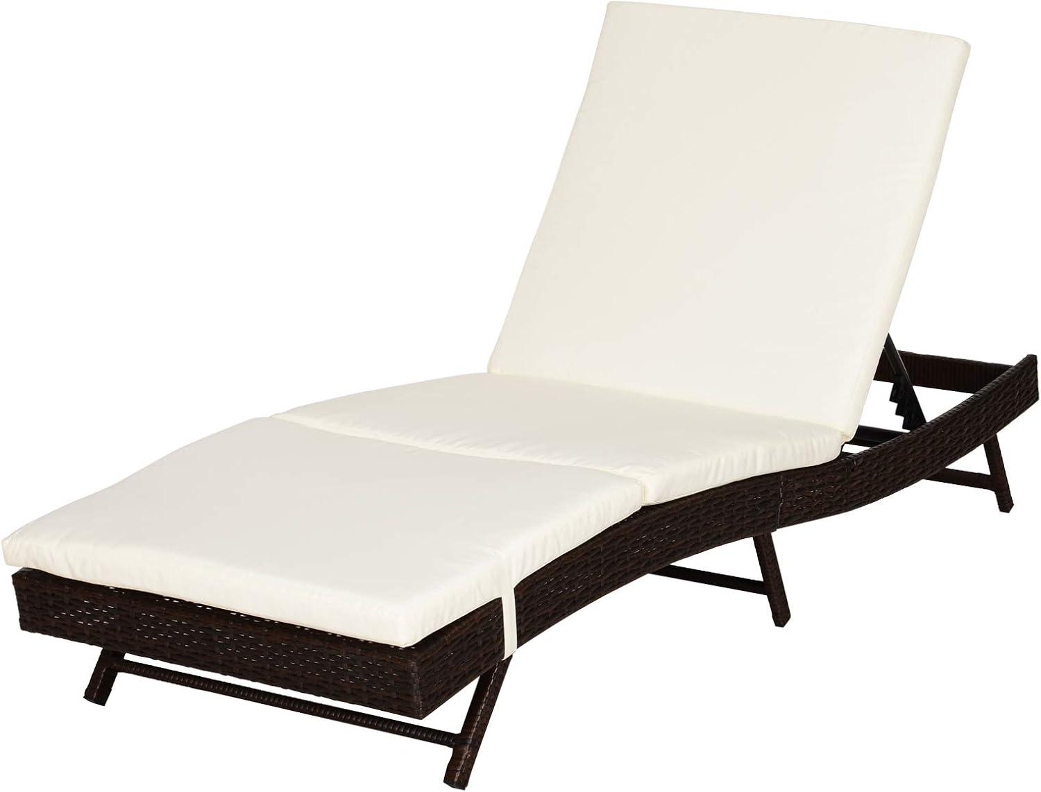 Outsunny Patio Chaise Lounge, Pool Chair with 5 Position Adjustable Backrest & Cushion, Outdoor PE Rattan Wicker Sun Tanning Seat, 28", Cream