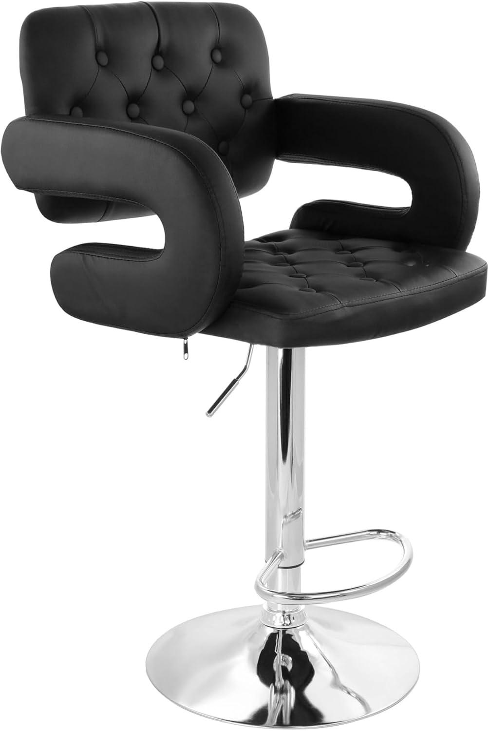 Elama Faux Leather Tufted Bar Stool in Black with Chrome Base and Adjustable Height