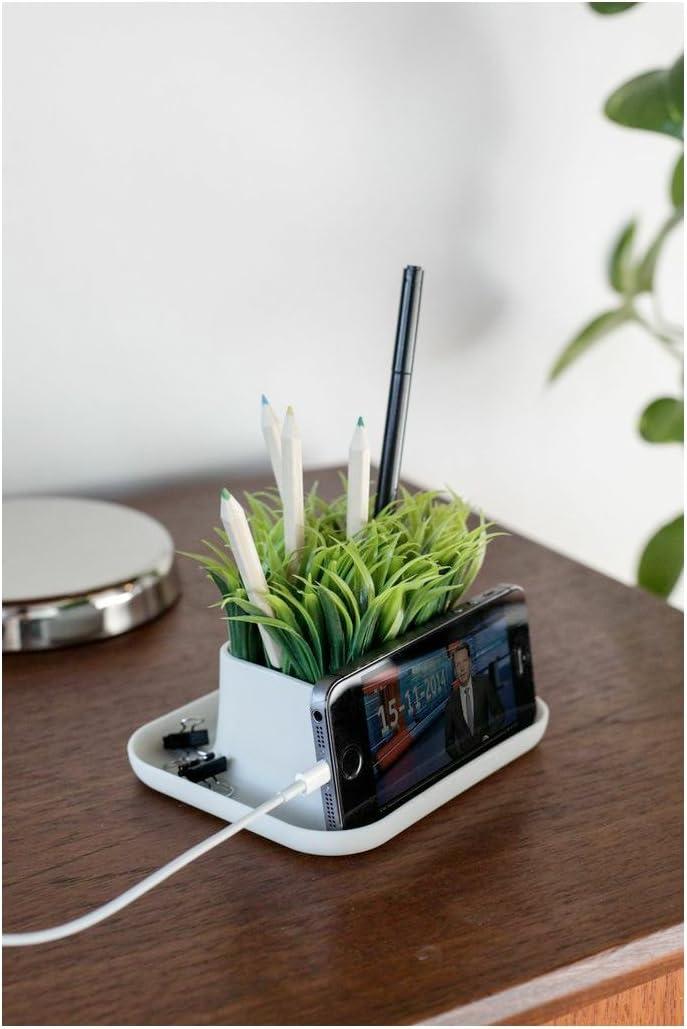 Beige Faux Grass Pen and Phone Stand with Tray