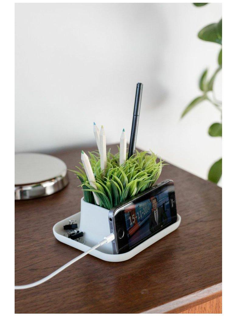 Beige Faux Grass Pen and Phone Stand with Tray