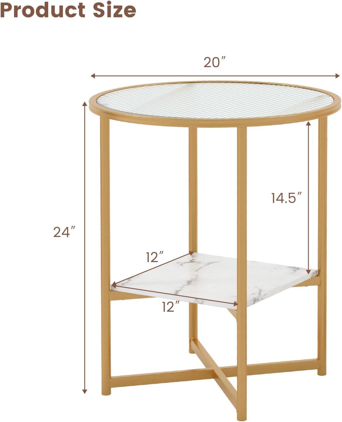 Canddidliike 2-Tier Glass End Table Set of 2 with Faux Marble Storage Shelf-White, Modern Nightstand, End Table for Bedroom Living Room