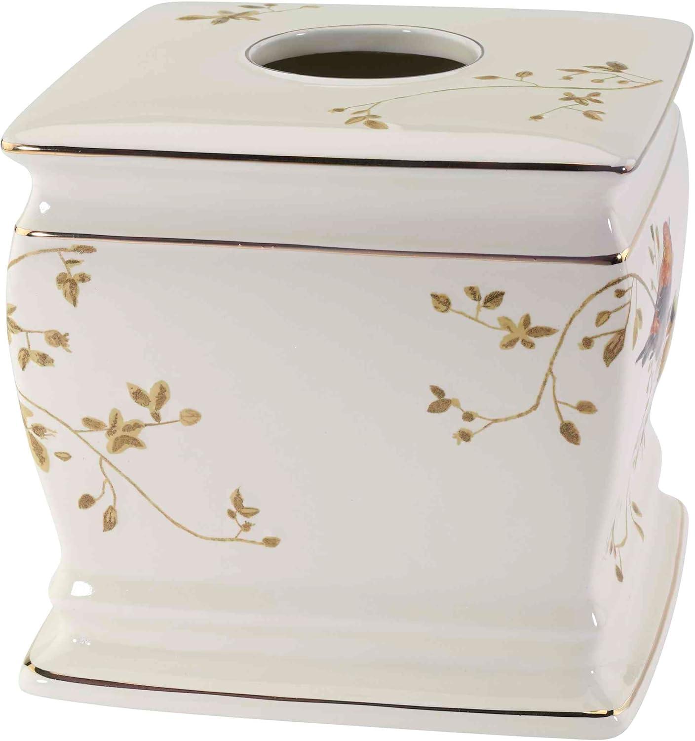 Ivory Ceramic Tissue Box Cover with Gold Trim and Bird Design