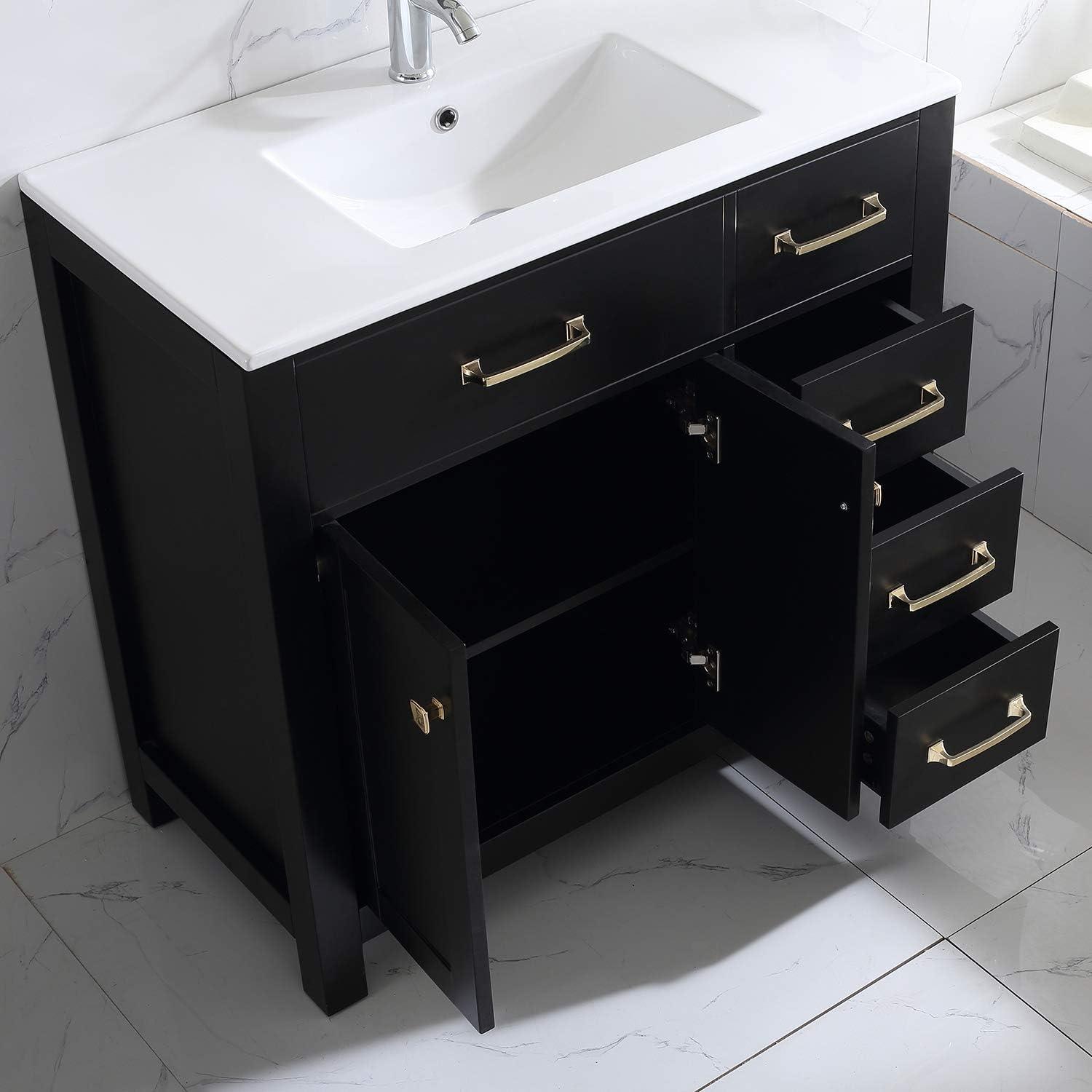 Wonline 36" Luxurious Bathroom Vanity with Sink Combo Set,Free Standing Bathroom Vanity Cabinet w/Thickened Wood, Faucet, Painted Surface, Mirror, Black