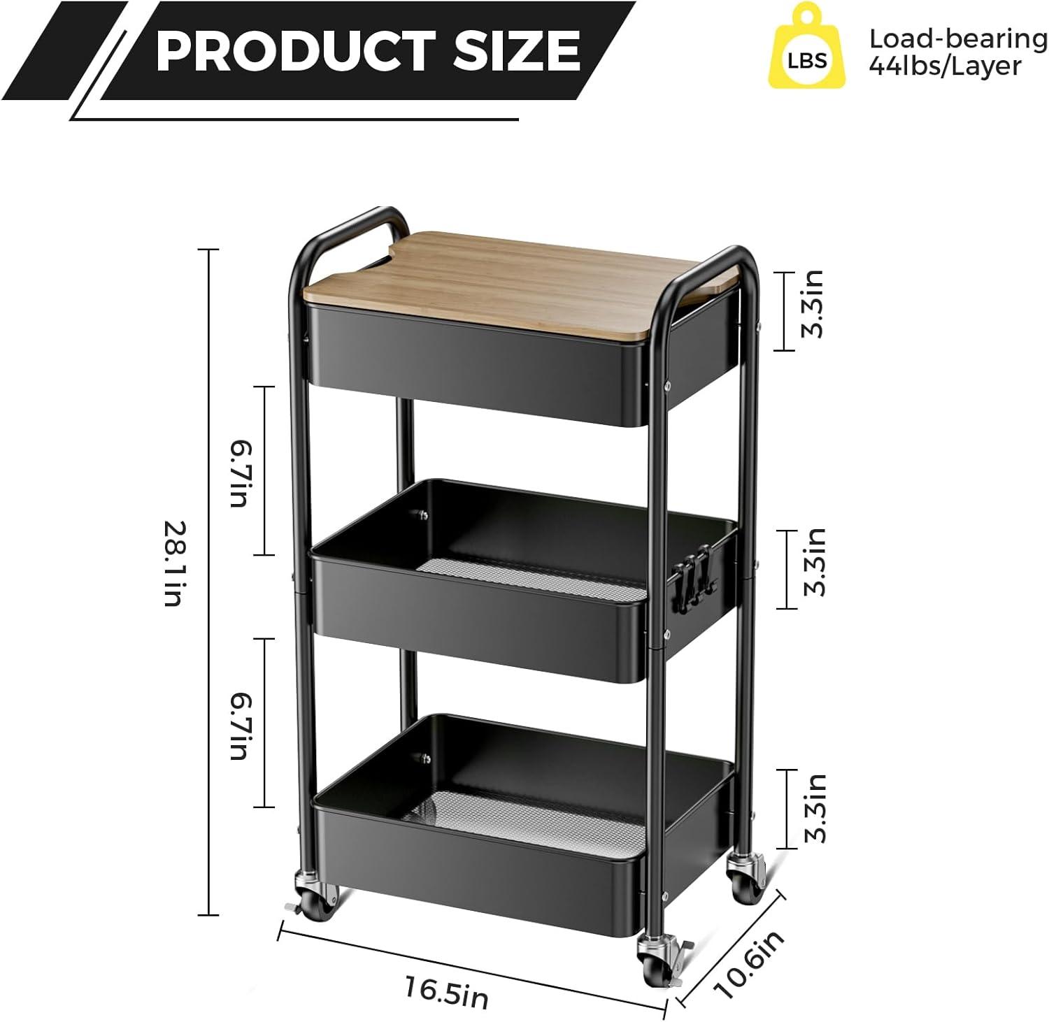 Utility Cart with Wooden Table Top, 3-Tier Metal Rolling Storage Cart, Black Trolley Kitchen Organizer Rolling Desk with Locking Wheels for Office, Classroom, Home