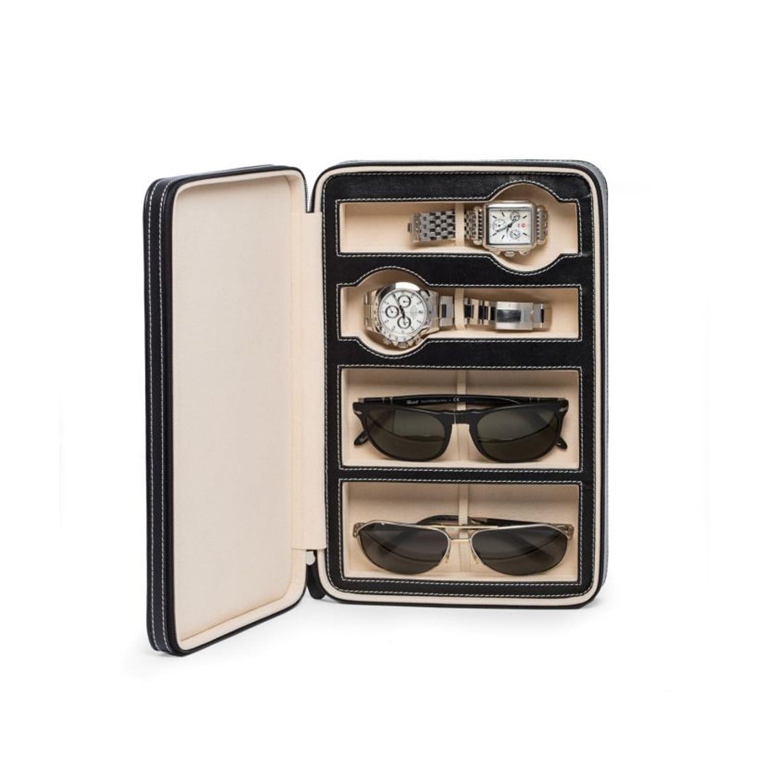 Black Leather Two Watch and Two Sunglass Travel Case with Form Fit Compartments with Zipper Closure.