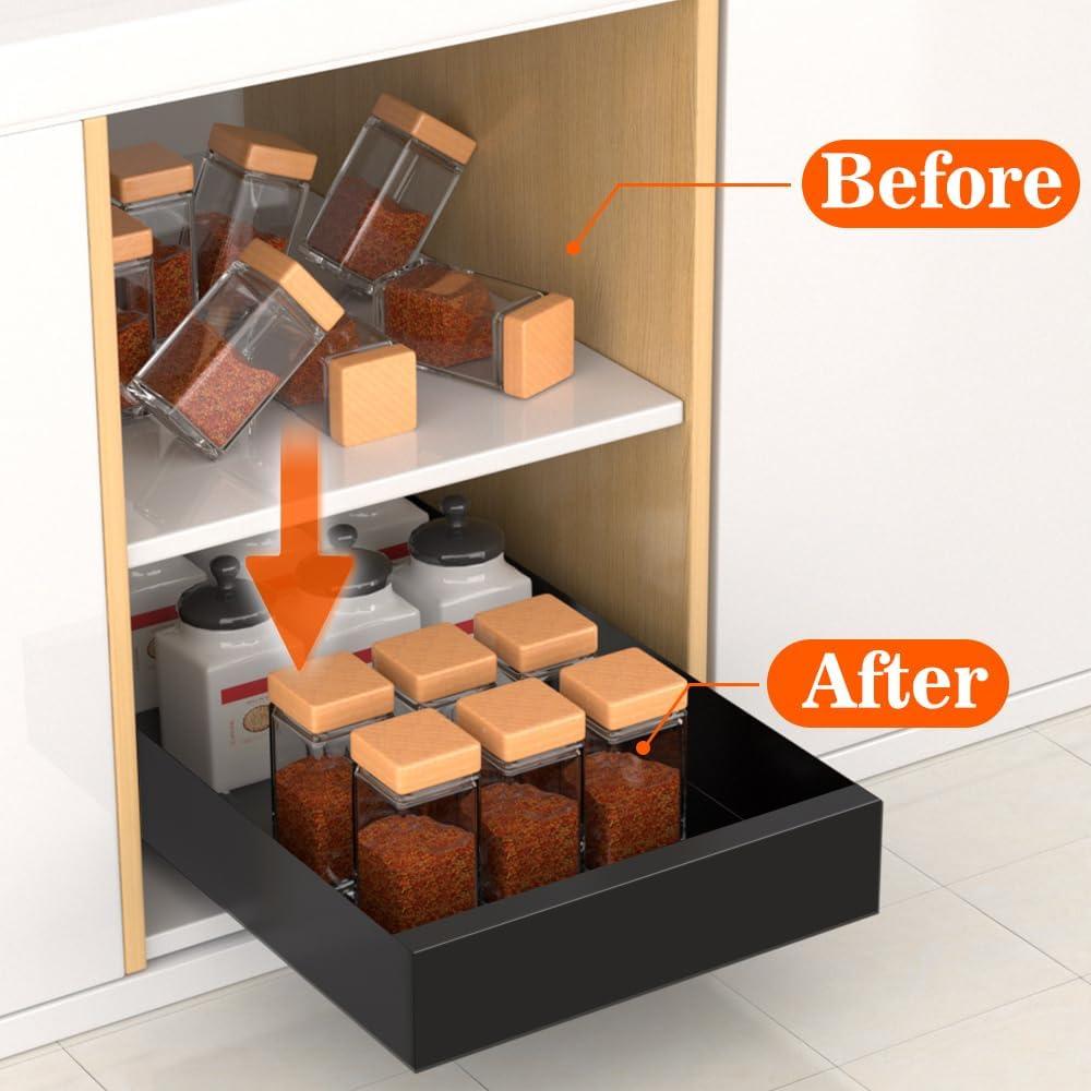 Pull Out Cabinet Organizer, Carbon Steel Cabinet Drawers Slide Out, Pantry Storage Shelves with Nano Adhesive Strip for Kitchen, Bathroom and Living Room 10.3" W X 17.0" D X 2.8H Grey