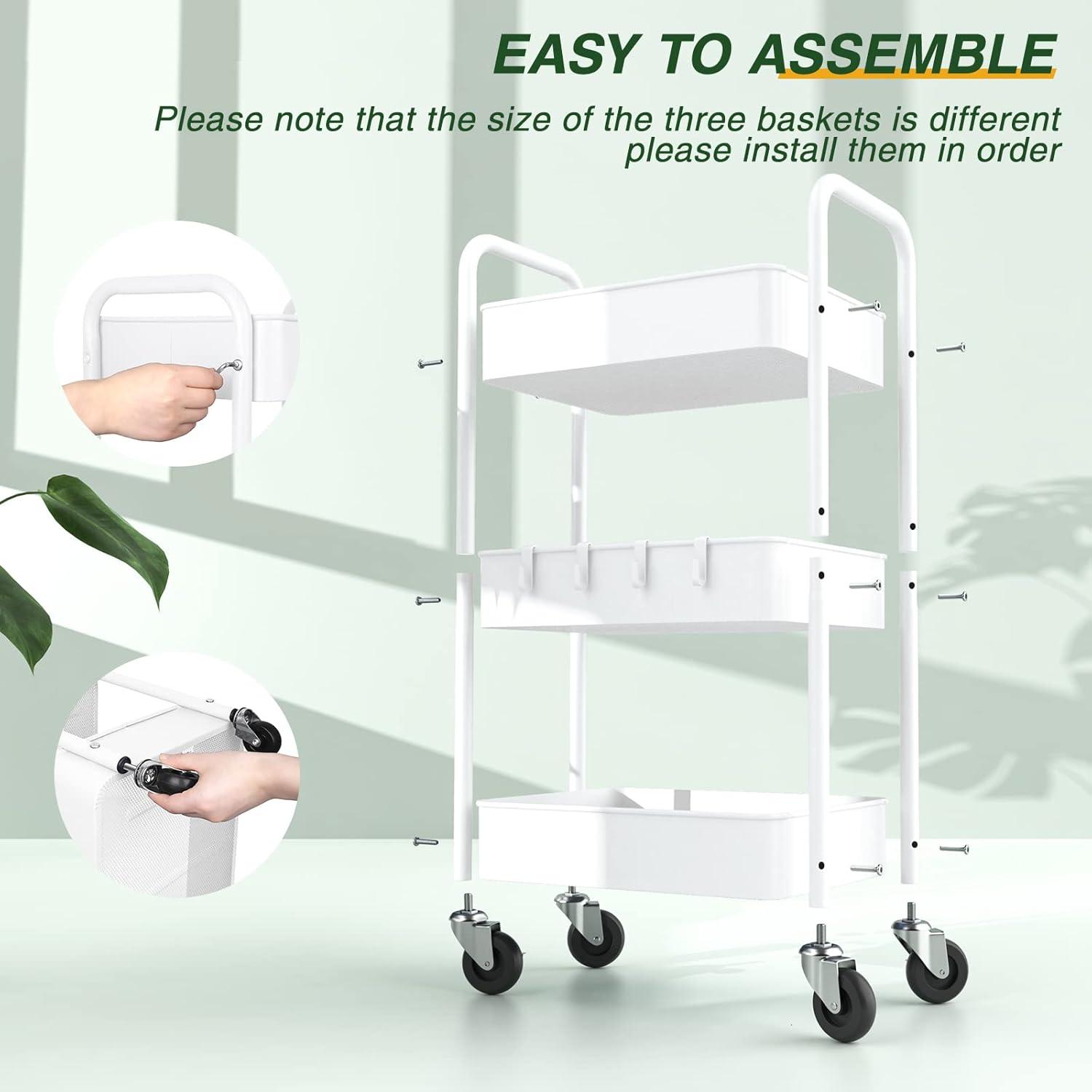 LEHOM 3 Tier Rolling Utility Cart, Metal Trolley Cart with Wheels, Hooks, Easy Assembly Organizer Storage Cart for Bathroom, Kitchen, Office, Bedroom(White)