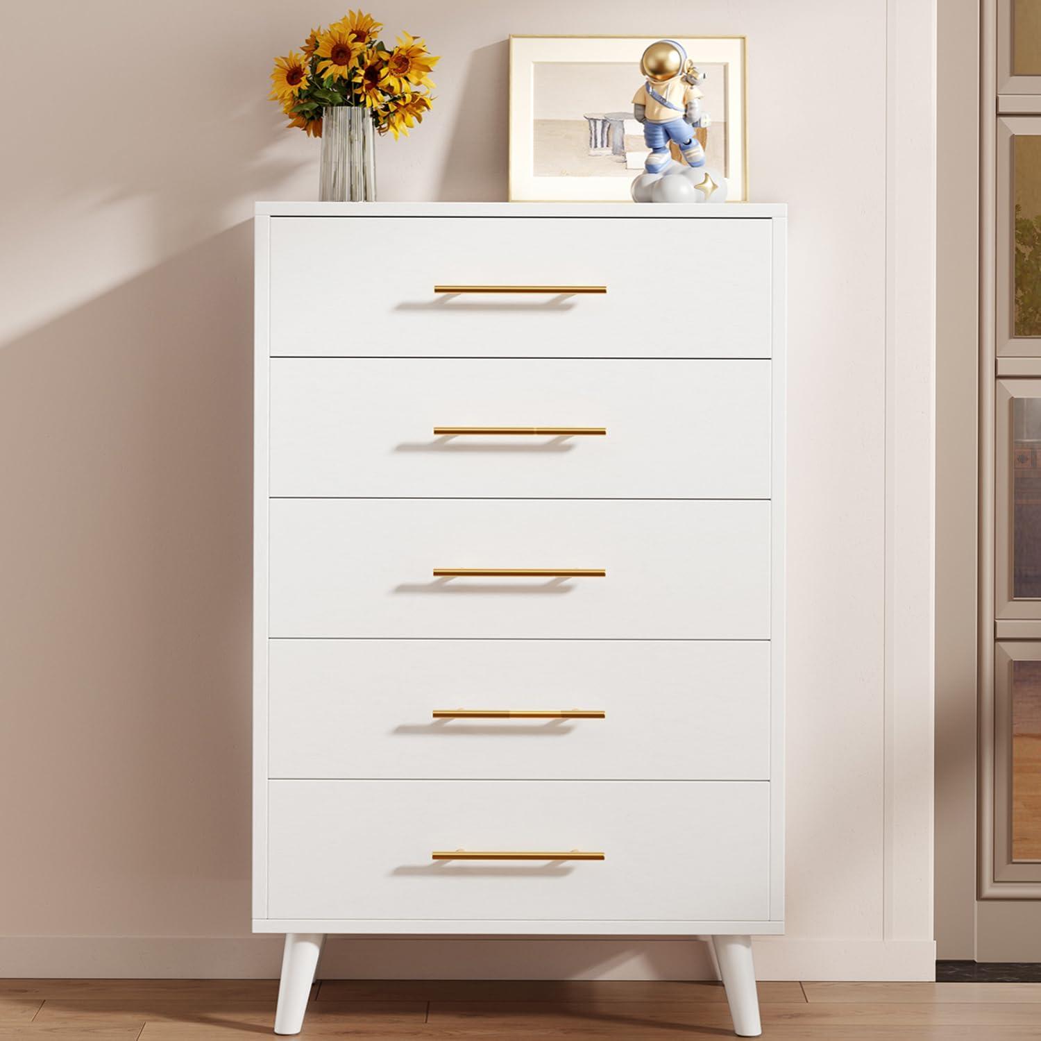 Aiho 5 Drawer Wood Dressers, Wide Chest of Drawers with Gold Handles for Living Room , White