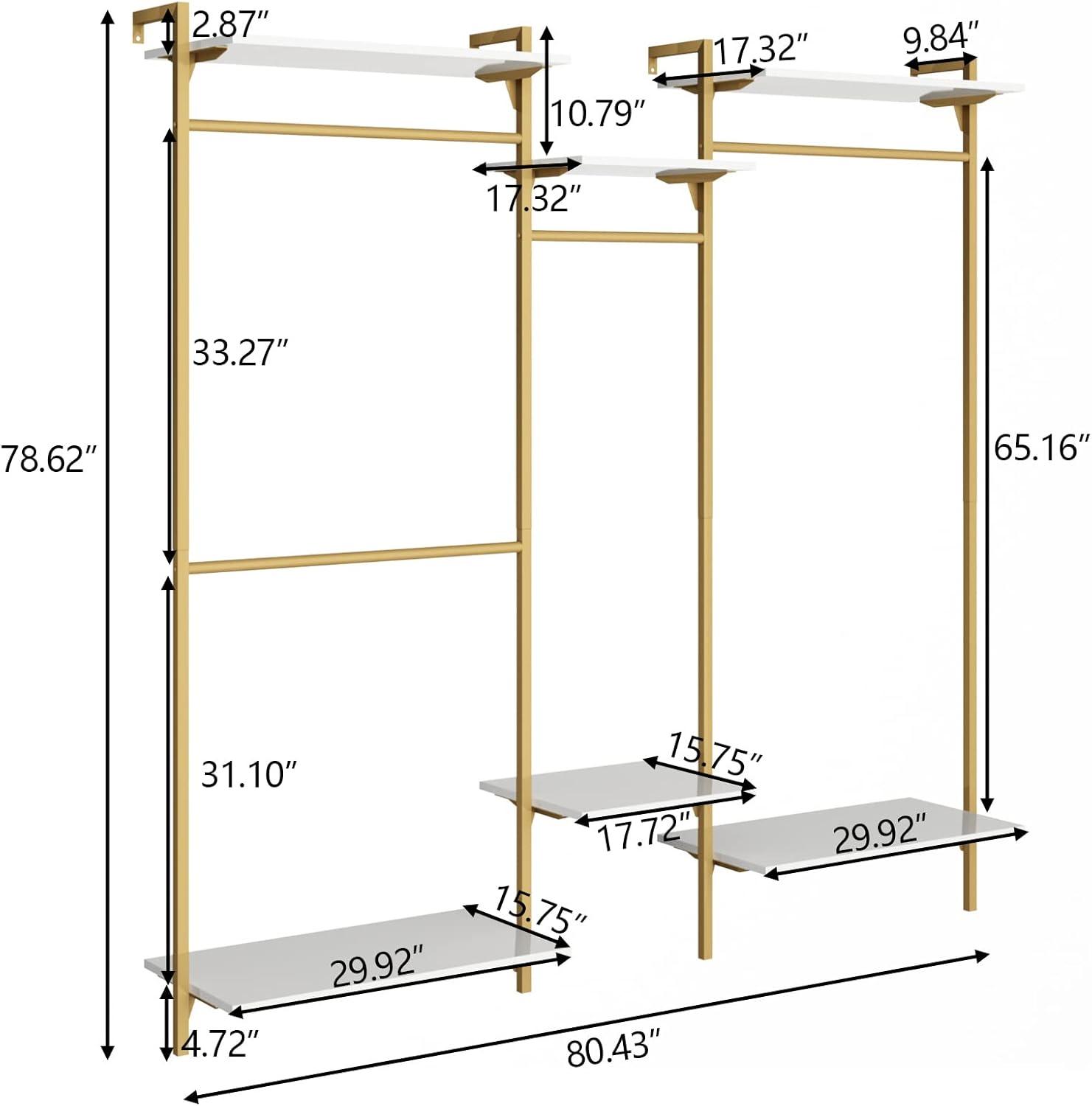 Rebrilliant Oloran Gold Wall Mount Clothes Rack with 4 Hanging Rods, Clothing Rack with 6-Tier Adjustable Shelves