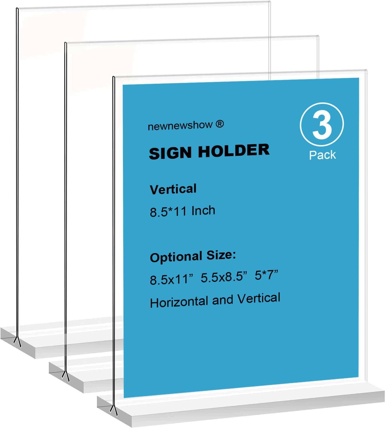 newnewshow Acrylic Sign Holder 5.5x8.5 Inch 3 Pack Horizontal T Shape Double-Sided Desktop Display Holder. (Optional 8.5x11 8.5x5.5 5x7 Horizontal and Vertical)
