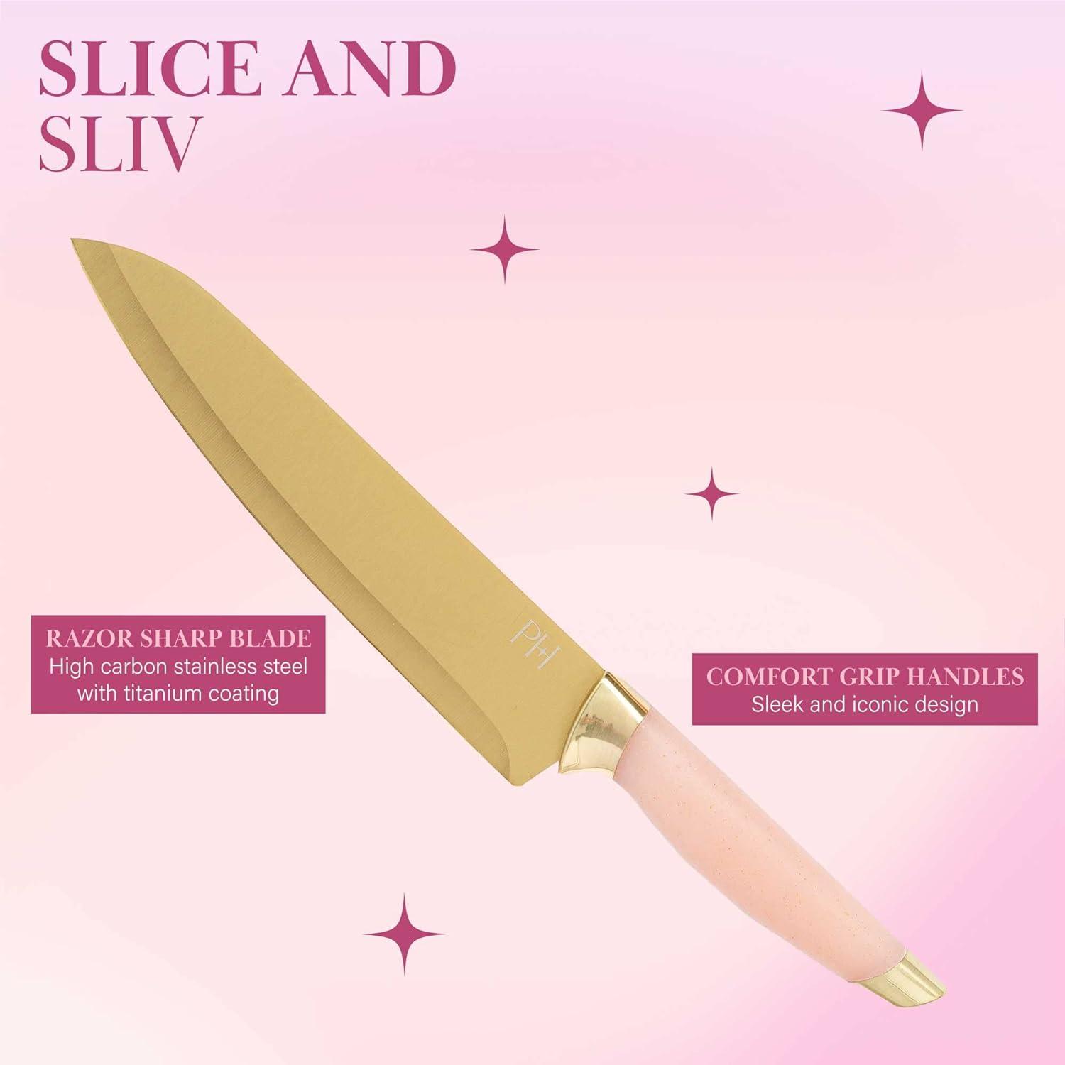 Paris Hilton 7-Piece Reversible Bamboo Heart Cutting Board and Stainless Steel Cutlery Set, Pink