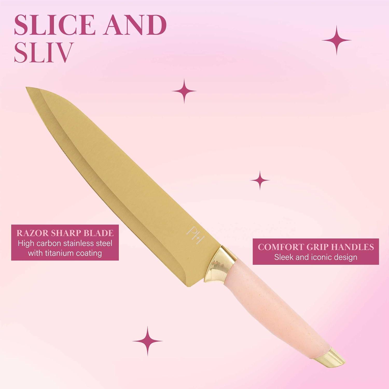 Paris Hilton 7-Piece Reversible Bamboo Heart Cutting Board and Stainless Steel Cutlery Set, Pink