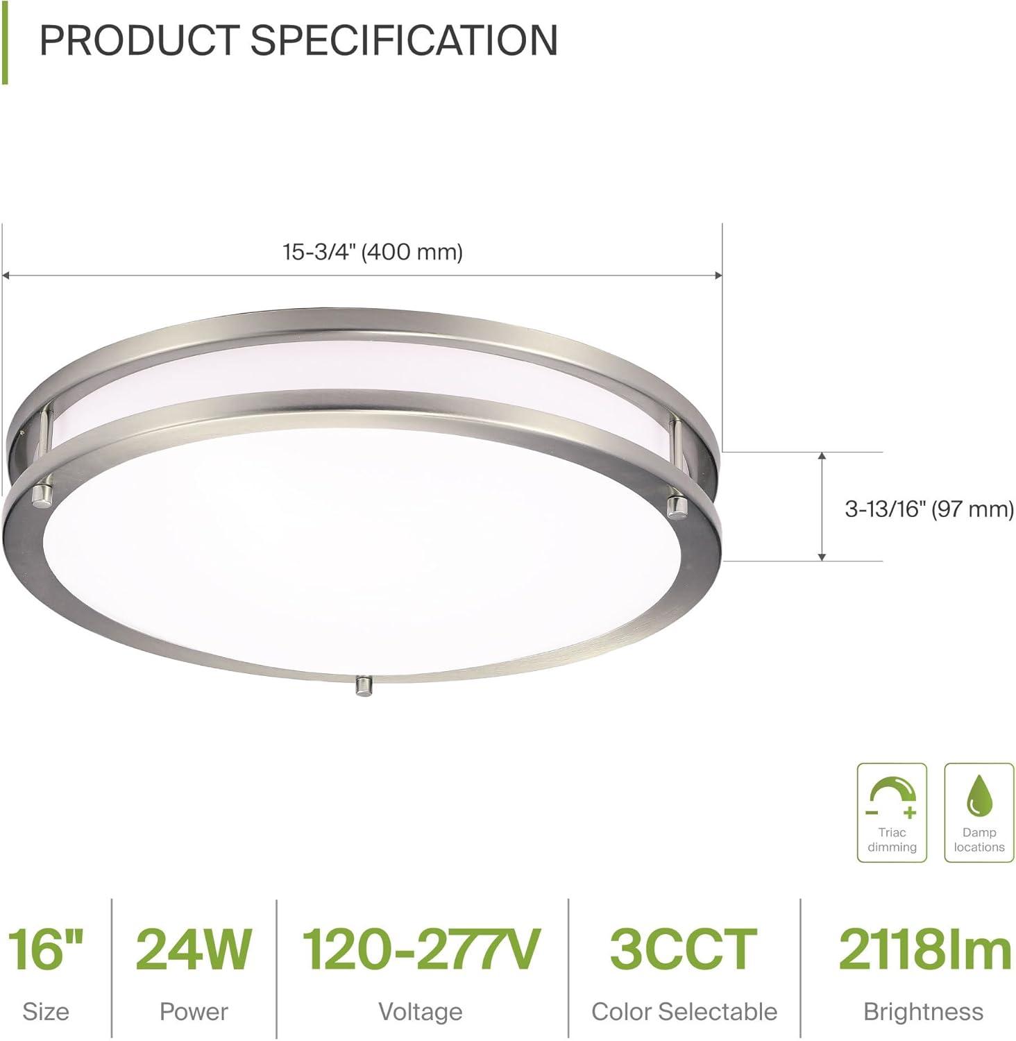 ASD LED 16 Inch Round Flush Mount Light Fixture | 24W 2150LM 3000K-5000K 100-277V | 3CCT, Dimmable, Energy Star, ETL Listed | Close to Ceiling Double Ring Lamp, Low Profile Lighting | Nickel, 2 Pack