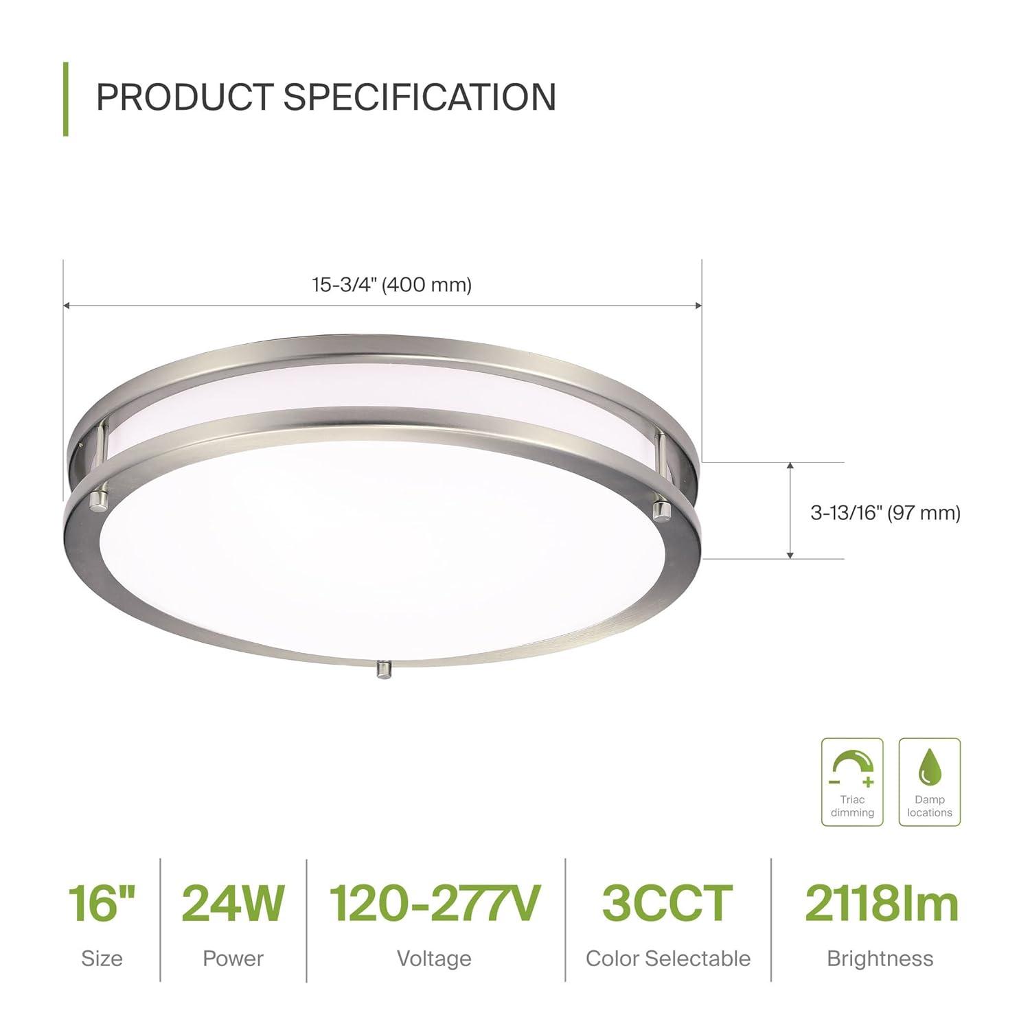 ASD LED 16 Inch Round Flush Mount Light Fixture | 24W 2150LM 3000K-5000K 100-277V | 3CCT, Dimmable, Energy Star, ETL Listed | Close to Ceiling Double Ring Lamp, Low Profile Lighting | Nickel, 2 Pack