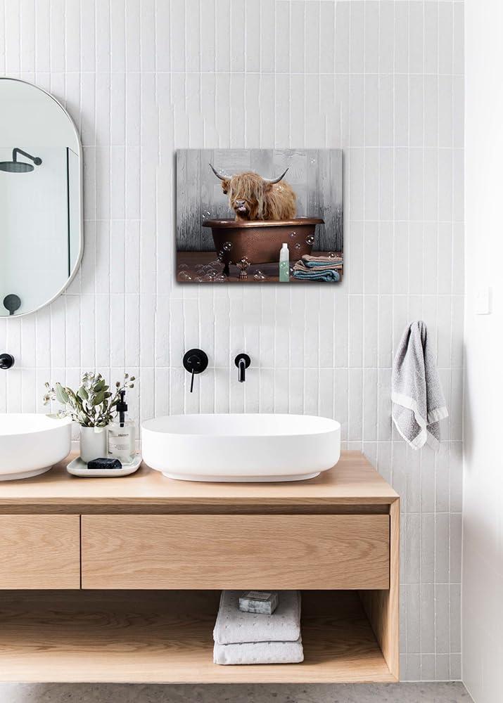 AXXPosters Cute Highland Cow Picture Wall Decor Highland Cattle in Bathtub Canvas Painting Village Animals Picture for Bathroom Decor Frame（Bathroom Animal-3，12.00" x 18.00"）