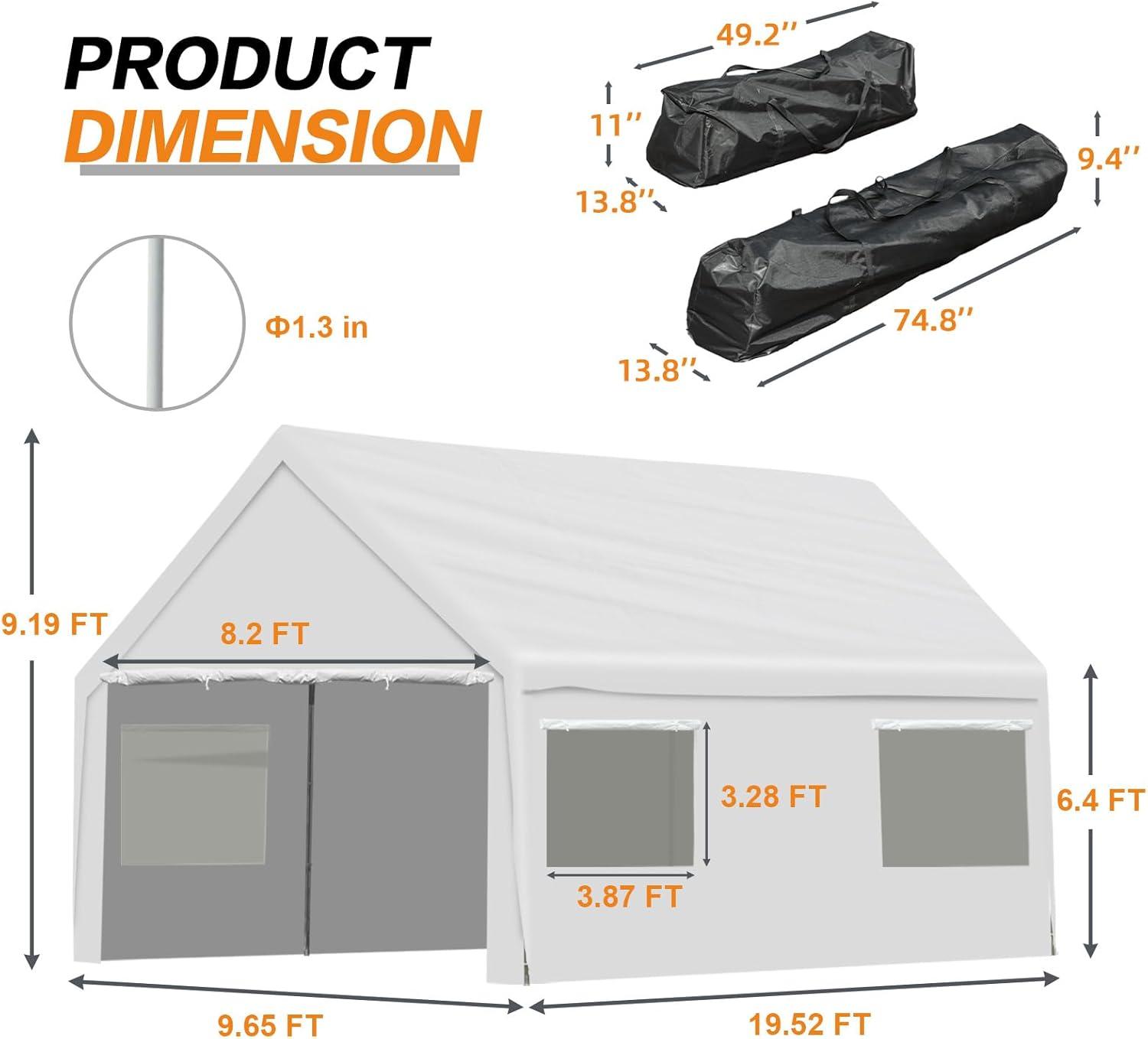 Aoodor 20 x 10 FT. Vehicle Carport Canopy Portable Garage Party Canopy Tent Boat Shelter, Heavy Duty Metal Frame with Removable Rool-up Sidewalls and Doors, White