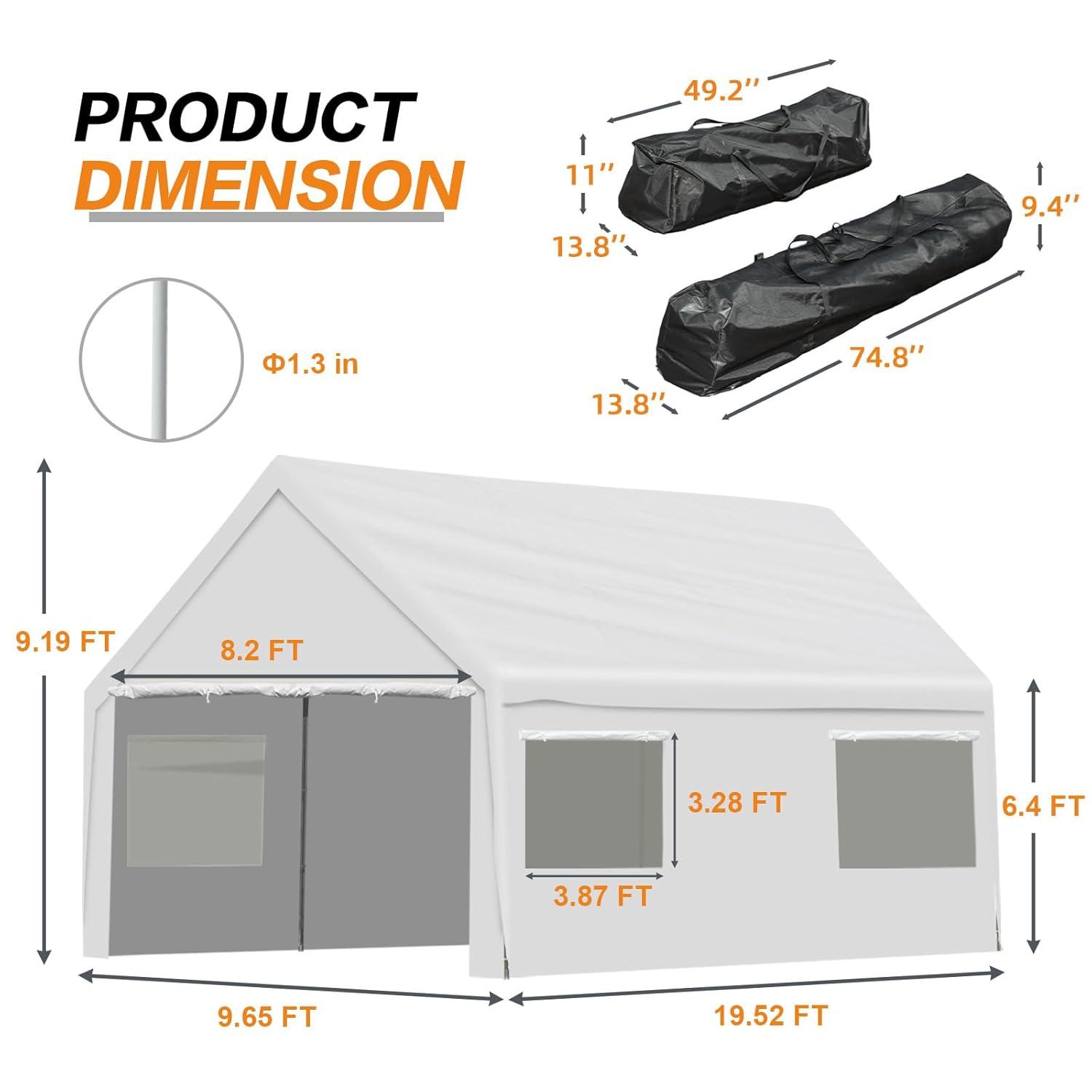 Aoodor 20 x 10 FT. Vehicle Carport Canopy Portable Garage Party Canopy Tent Boat Shelter, Heavy Duty Metal Frame with Removable Rool-up Sidewalls and Doors, White