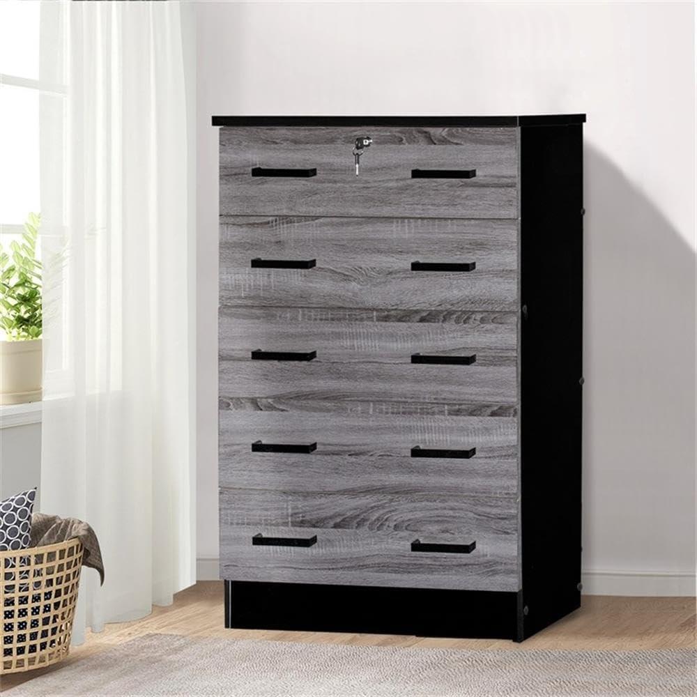 Cindy 5 Drawer Chest Wooden Dresser with Lock, Ebony Black