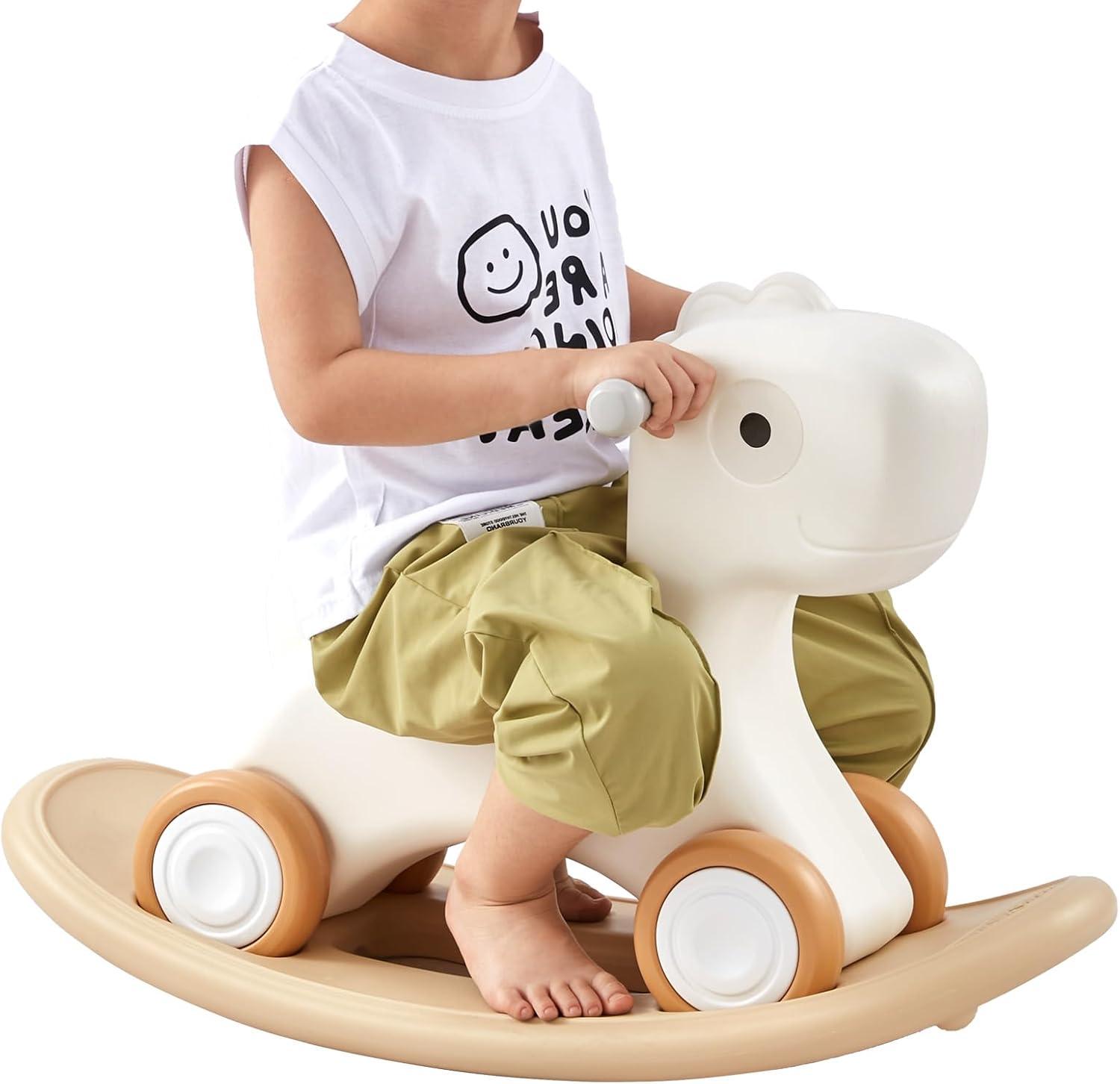 3 in 1 Rocking Horse for Toddlers 1-3 Years, Baby Rocking Horse with Detachable Balance Board and 4 Smooth Wheels, Support up to HDPE Material 80 lbs Kids Ride on Toy, 40 Swinging, White