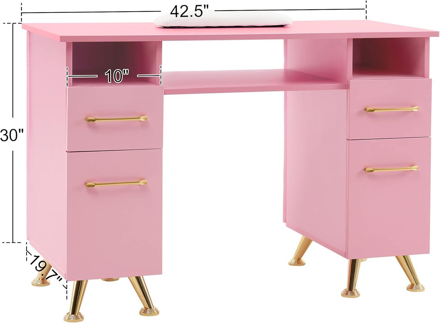 BarberPub Rectangular Manicure Table, Pink Nail Desk Storage Equipment with Drawer, 2671