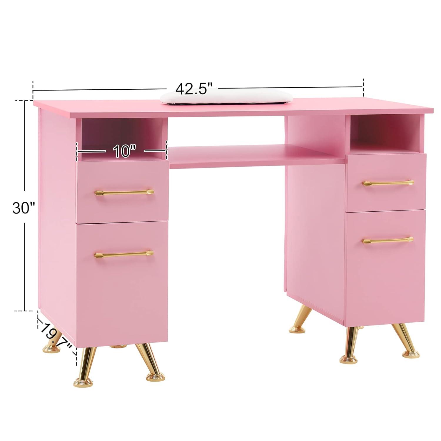 BarberPub Rectangular Manicure Table, Pink Nail Desk Storage Equipment with Drawer, 2671