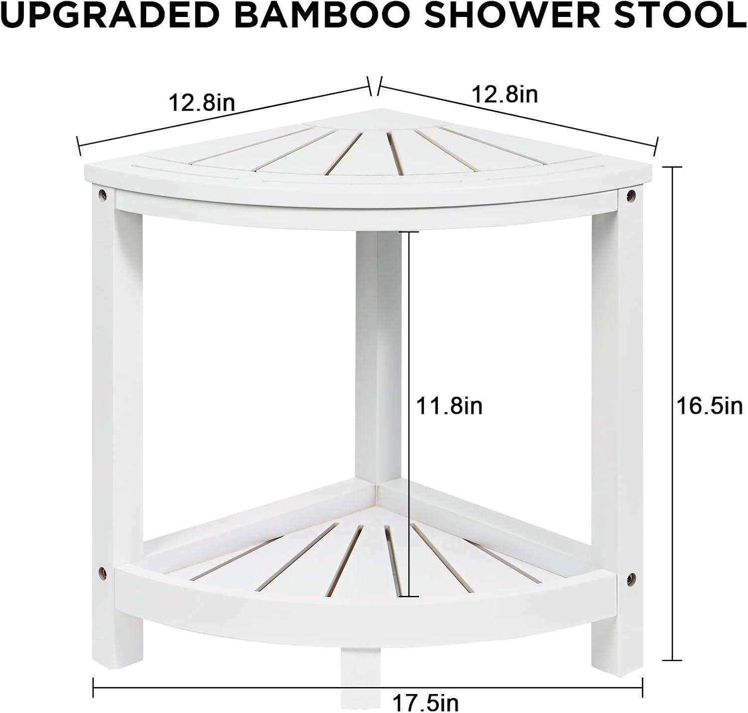 Ollieroo 2-Tier Bamboo Corner Shower Stool for Shaving Legs, Waterproof Bench with Storage Shelf and Soap Dish, Non-Slip Foot Rest (White)