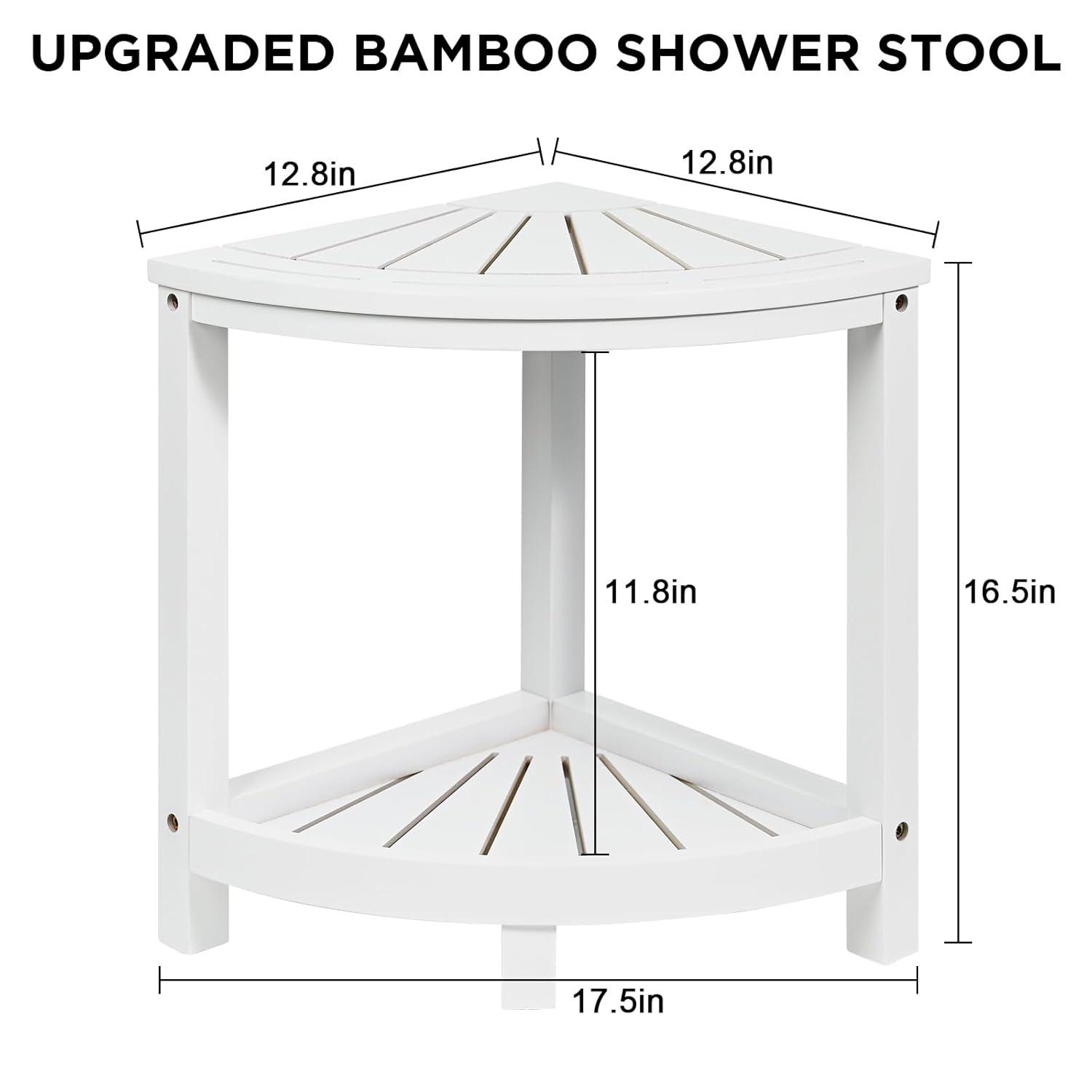 Ollieroo 2-Tier Bamboo Corner Shower Stool for Shaving Legs, Waterproof Bench with Storage Shelf and Soap Dish, Non-Slip Foot Rest (White)