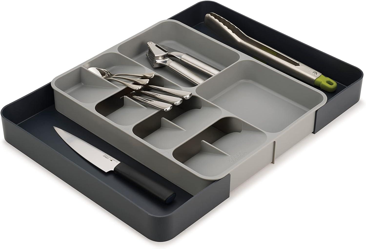 Gray Adjustable Plastic Flatware and Utensil Organizer Tray