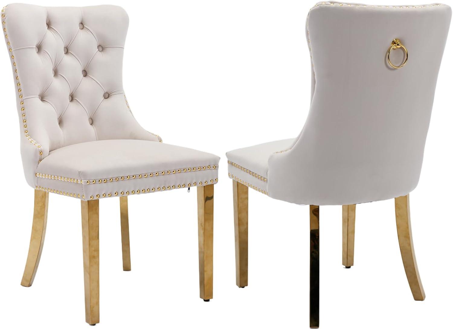 Beige Velvet Upholstered Dining Chairs with Gold Metal Legs, Set of 2