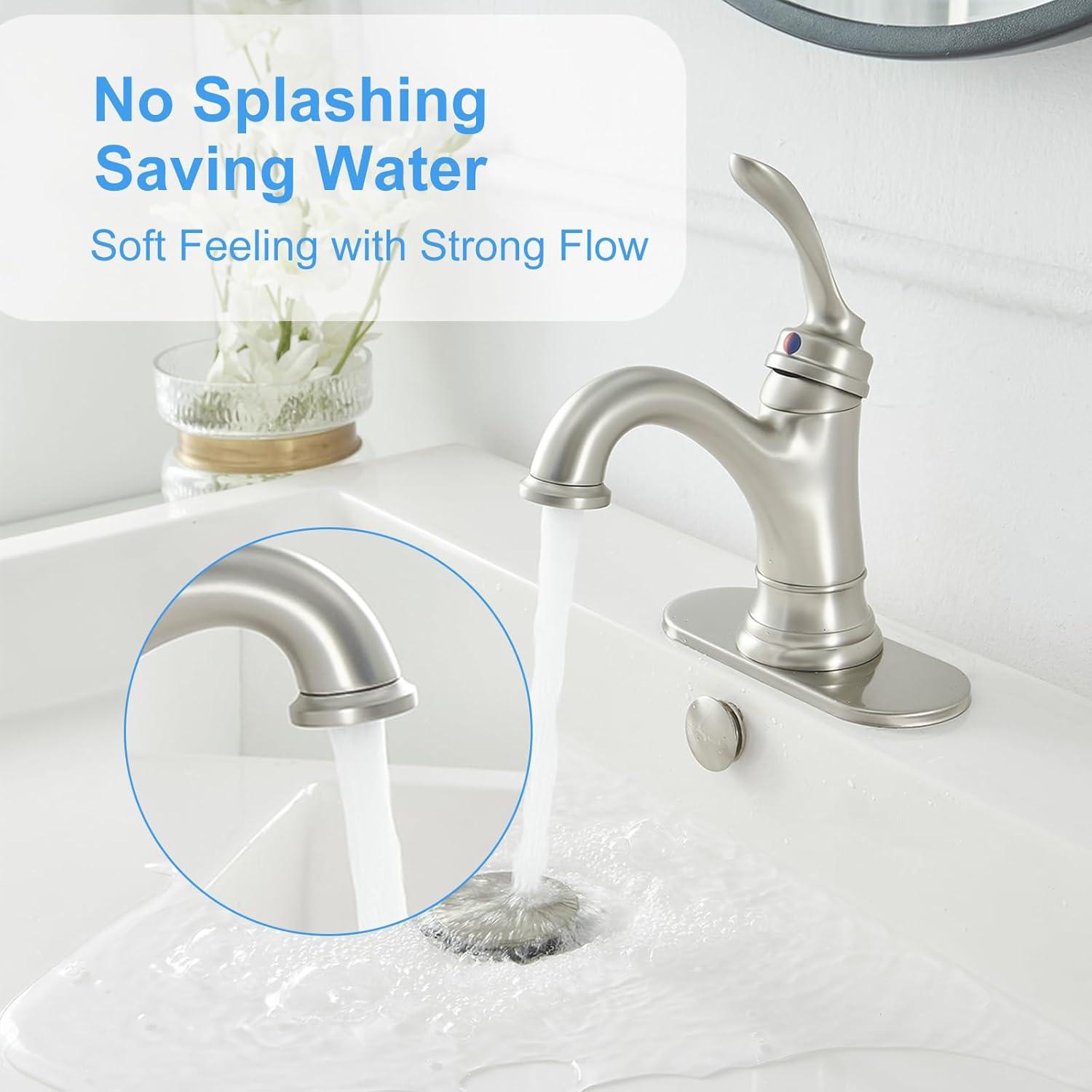 BWE Brushed Nickel Bathroom Faucet 1 Hole Single Handle Bathroom Sink Faucet with Brass Pop Up Drain and Supply Line High Arc Bath Vanity Faucet for Lavatory Mix Tap