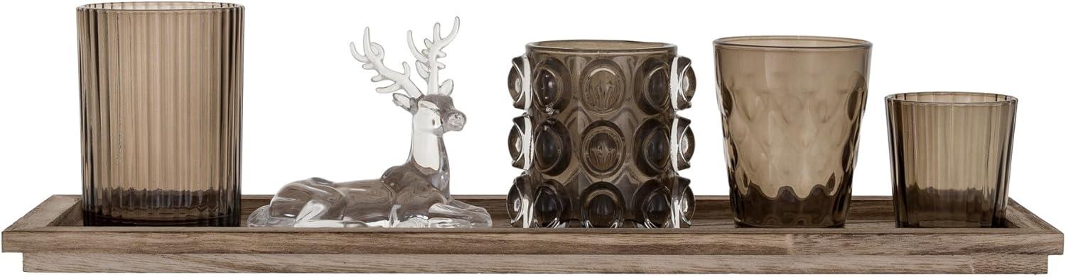 Creative Co-Op Embossed Glass Tealight Candleholders and Plastic Deer on a Wood Tray, Natural, Set of 6