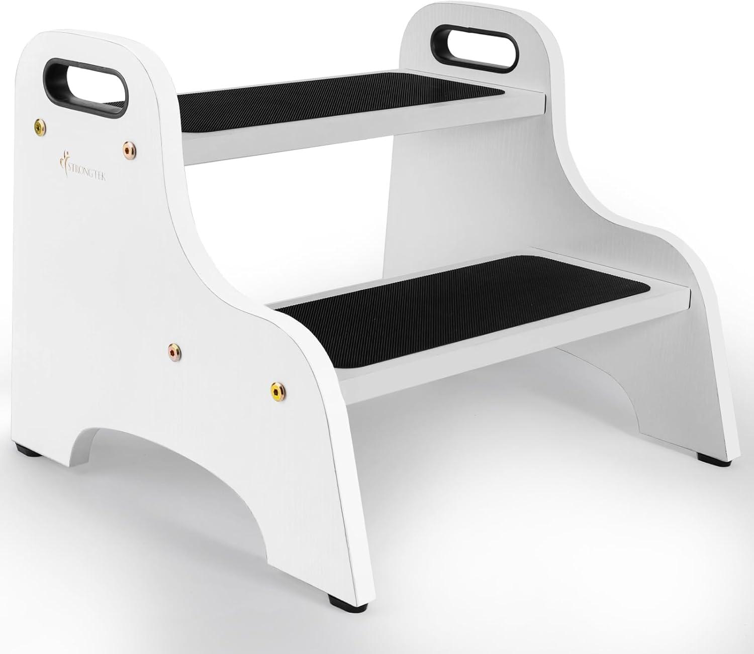 White Wooden 2-Step Stool with Non-Slip Surface