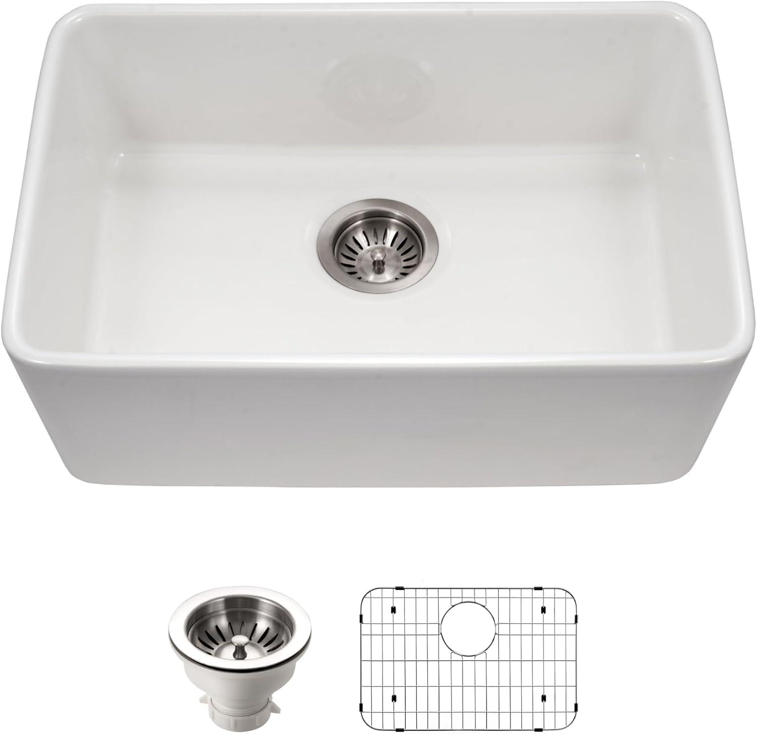 24-Inch White Fireclay Undermount Single Bowl Kitchen Sink