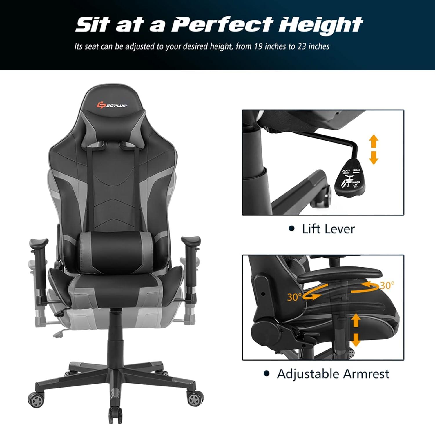 Costway Massage Gaming Chair Reclining Swivel Racing Office Chair w/Lumbar Support Grey