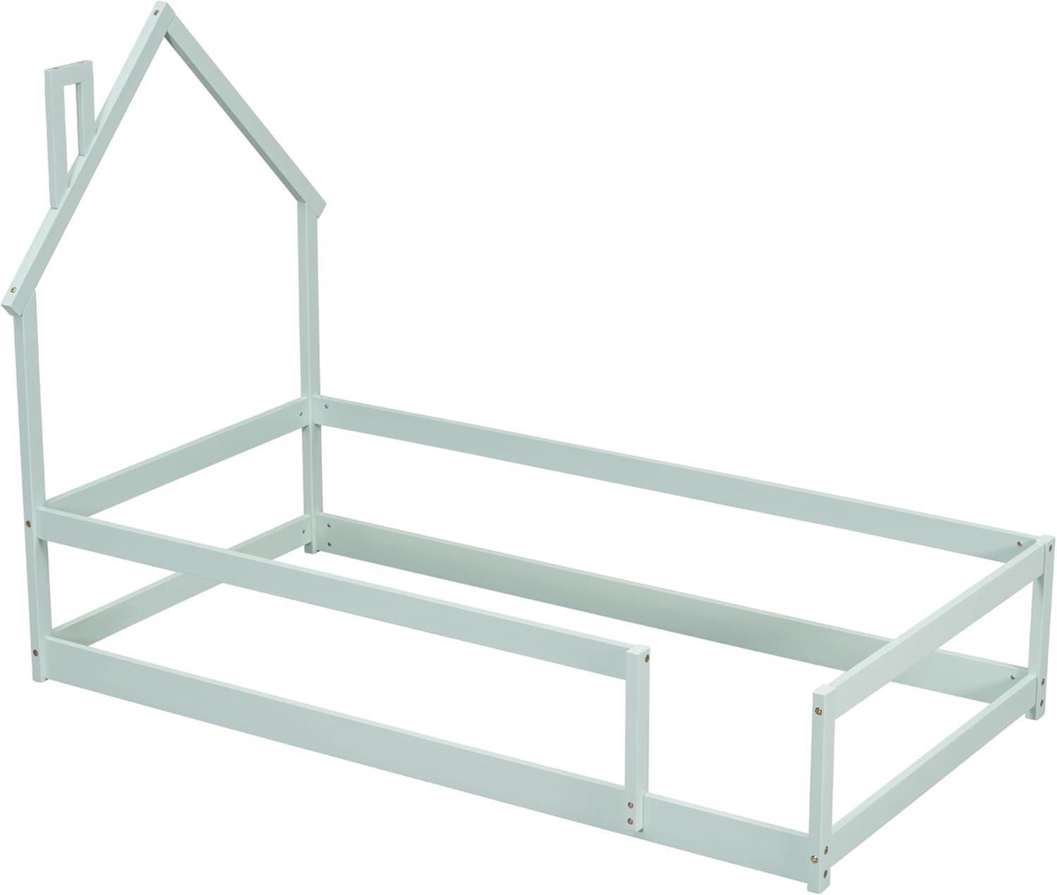 Kids Montessori Floor Bed, Twin Size Wooden Floor Bed Frame with Fences Guardrails and House Shape Headboard, Without Slats Support, Light Green