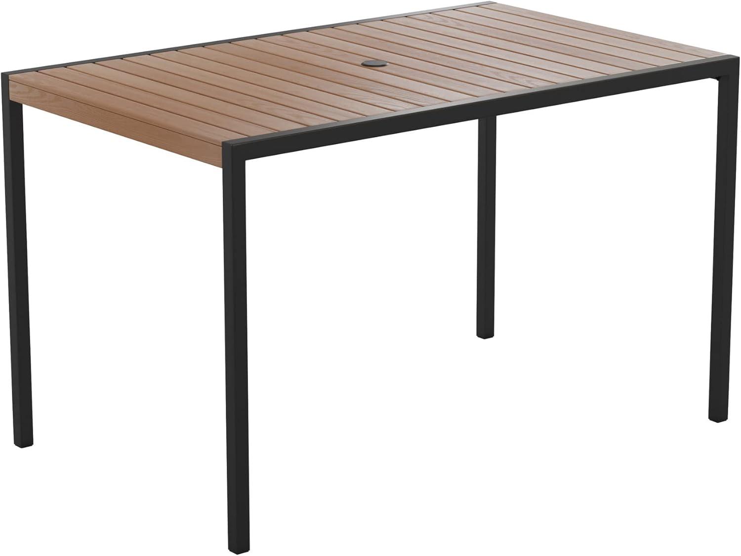 Rectangular Black Steel Dining Table with Faux Teak Slats