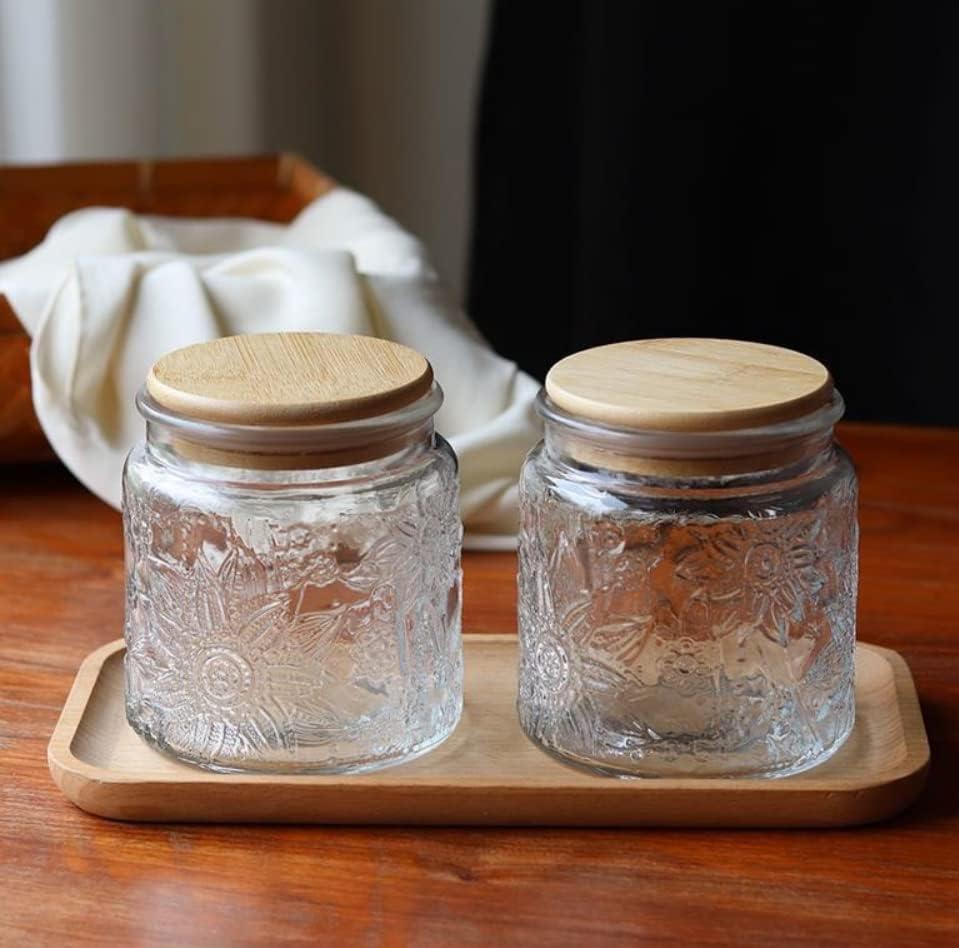 Set of 4 Clear Embossed Glass Storage Jars with Bamboo Lids