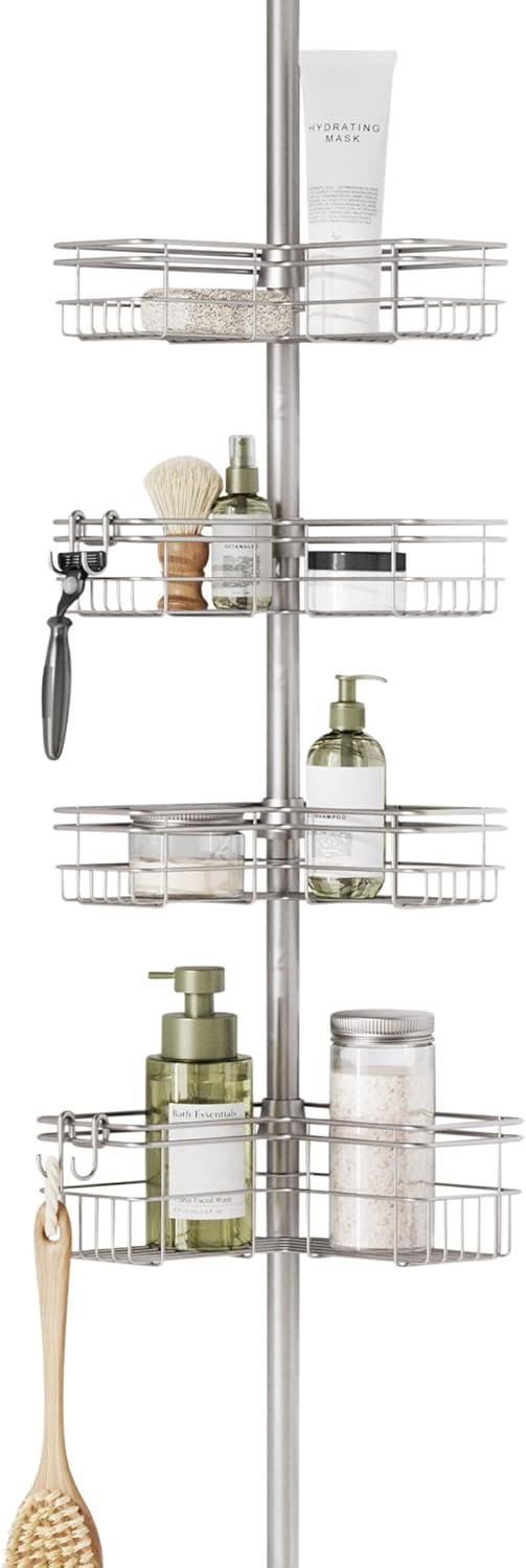 Satin Nickel Tension Pole Shower Caddy with 4 Adjustable Shelves