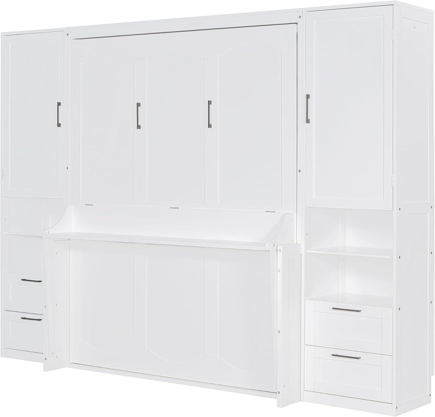 Harper & Bright Designs Queen Size Murphy Bed, Wooden Queen Wall Bed with Closet, Drawers and Shelves, White