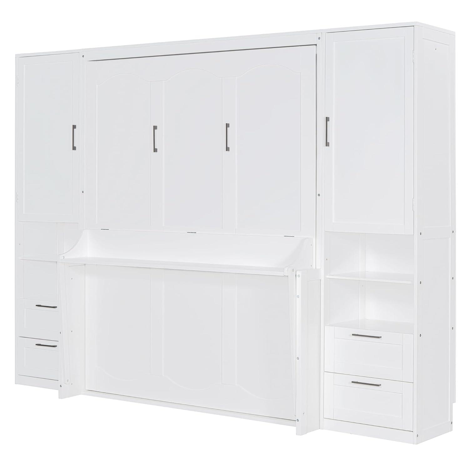 Harper & Bright Designs Queen Size Murphy Bed, Wooden Queen Wall Bed with Closet, Drawers and Shelves, White