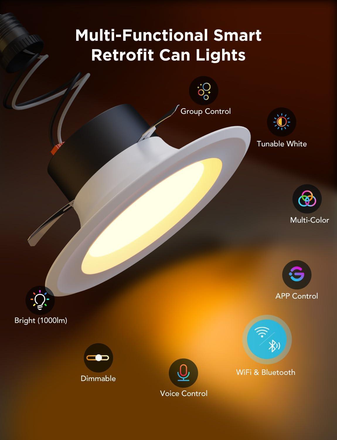 Smart RGBWW LED Recessed Downlight with App Control, 4 Pack