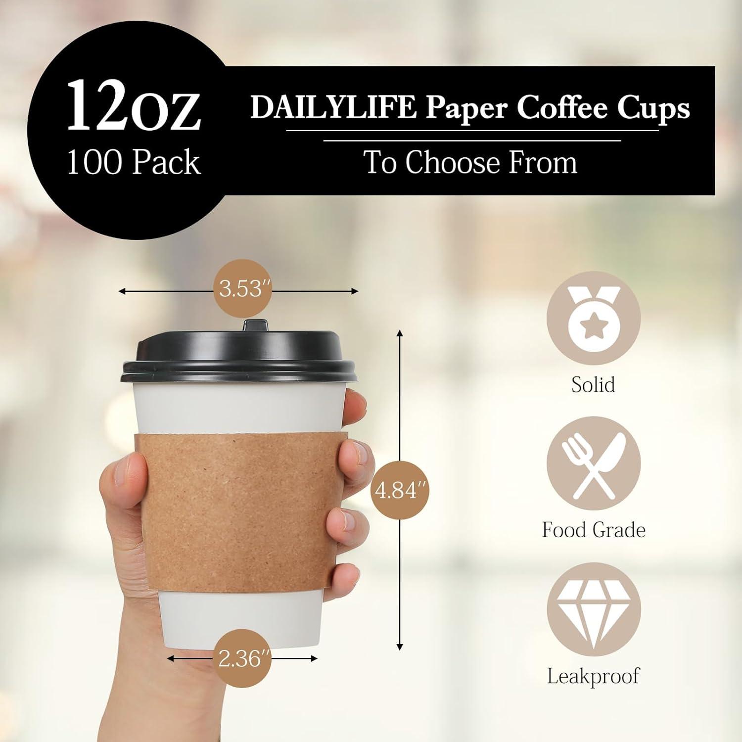 FAST APPLIANCES LLC Paper Cups,Cups,Disposable Cups 100 Pack 12 Oz Leak-Proof Coffee Cups With Lids And Sleeves Disposable Paper To Go Hot Coffee Cups For Home, Business, Office, Cafes And Parties